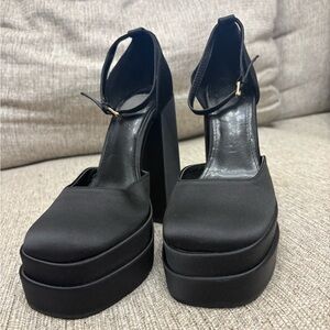 High Chunky Square Toe Ankle Strap Platform Pumps